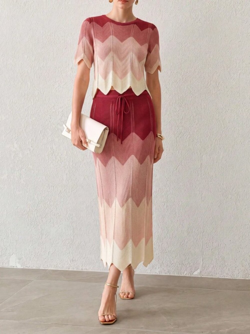 Red Pink Cream Ombre Chevron Knit Top and Skirt Set